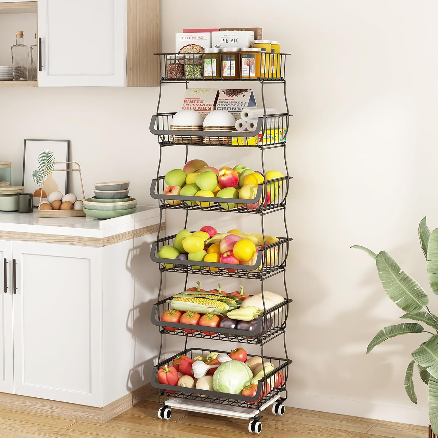 Wisdom Star 6 Tier Fruit Vegetable Basket, Wire Storage Basket Organizer Utility Cart with Wheels