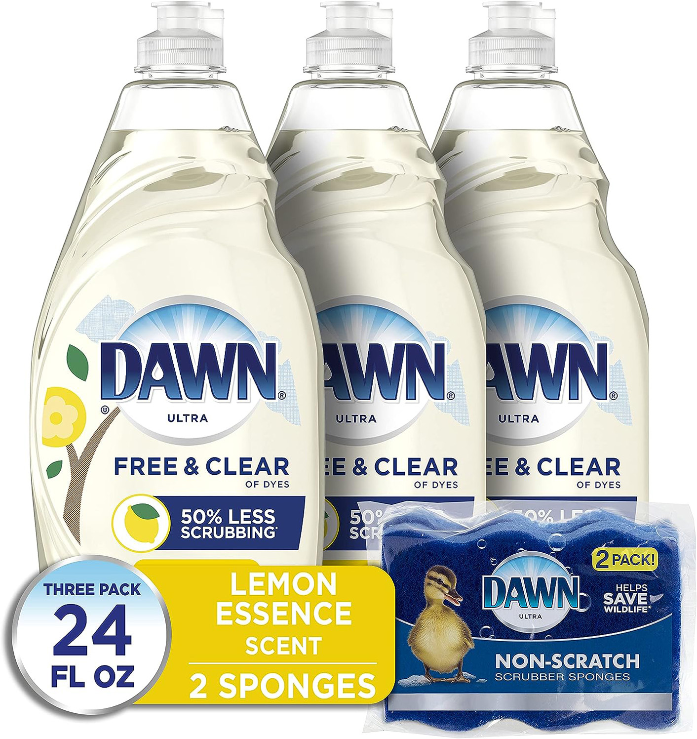 Dawn Free & Clear Dishwashing Liquid Dish Soap (3×24 oz) + Dawn Non-Scratch Scrubber Sponge (2 Count), Lemon Essence