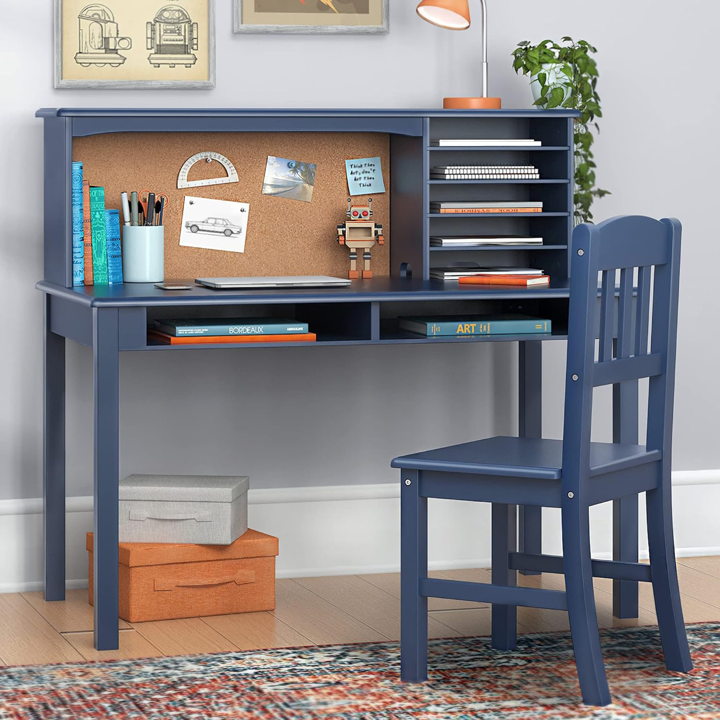 Guidecraft Children’s Media Desk and Chair Set- Navy: Kids’ Wood Study Table, Computer Workstation