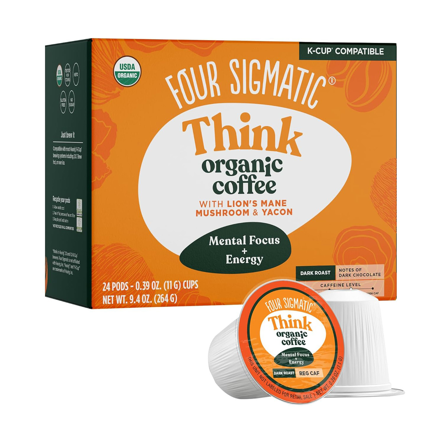 Mushroom Coffee K-Cups by Four Sigmatic | Organic and Fair Trade Dark Roast Coffee with Lion’s Mane, Chaga & Mushroom Powder – 24 Count