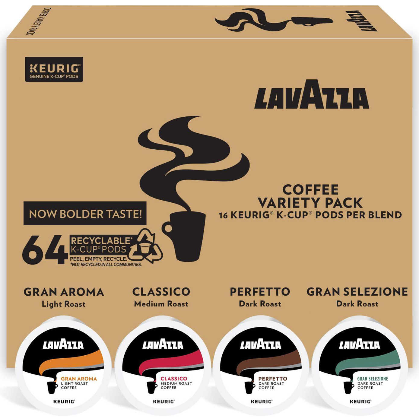 Lavazza Coffee K-Cup Pods Variety Pack for Keurig Single-Serve Coffee Brewers, 64 Count , Value Pack, Notes of: fruits, flowers, chocolate, carmel, citrus