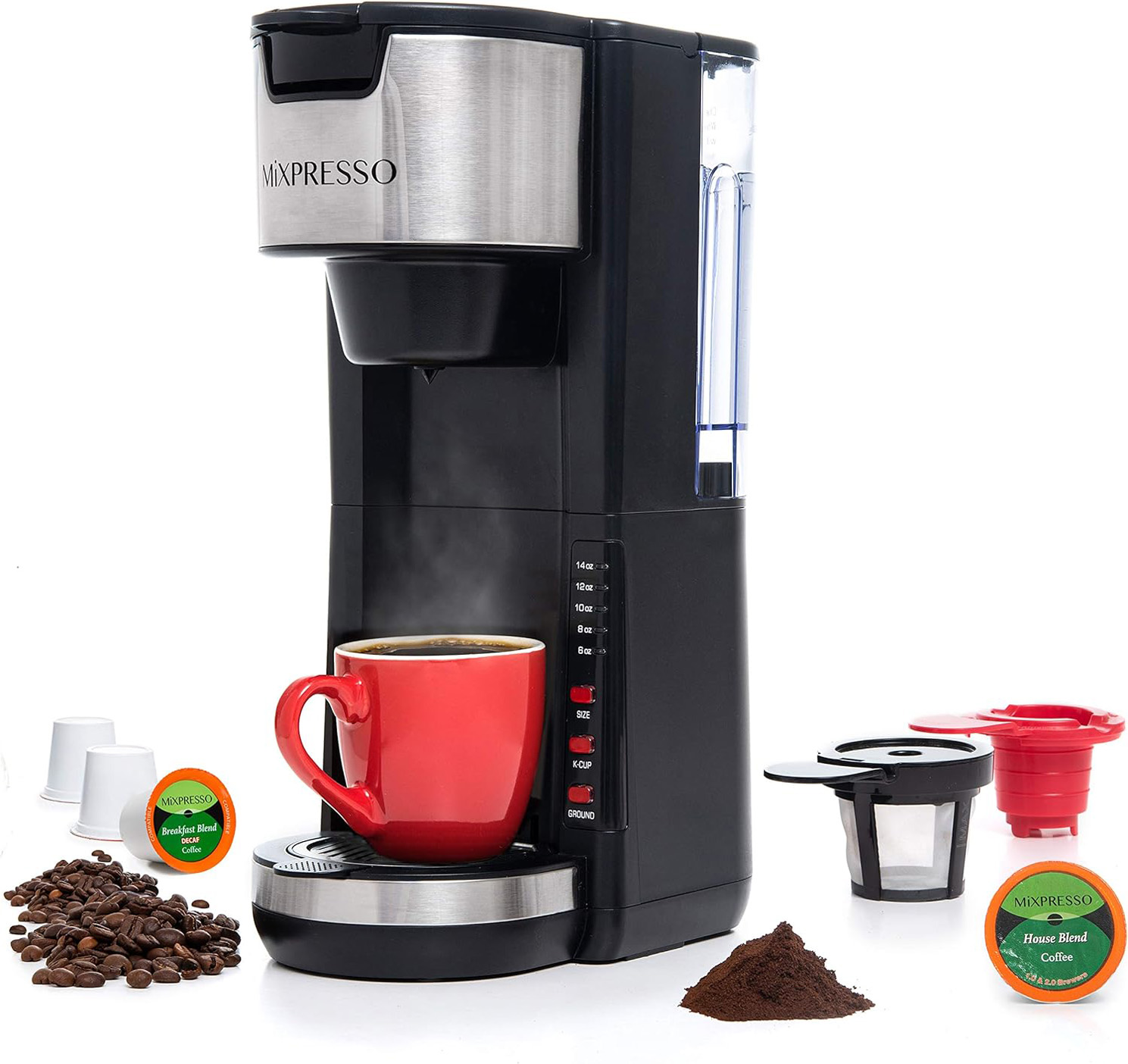 Mixpresso Single Serve Coffee Brewer K-Cup Pods Compatible & Ground Coffee