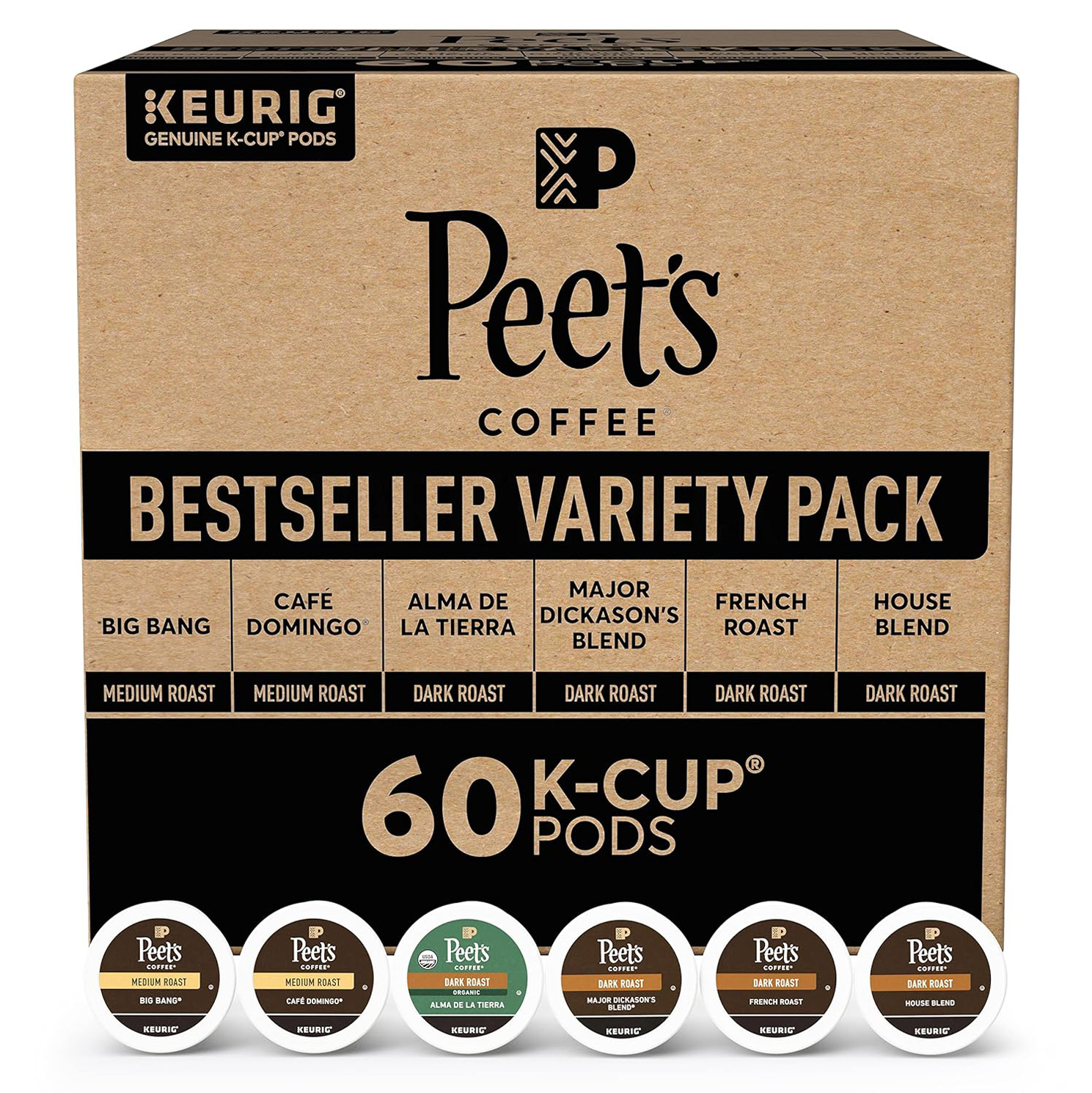 Peet’s Coffee, Bestseller’s Variety Pack Keurig Coffee Pods, House Blend 60 Count