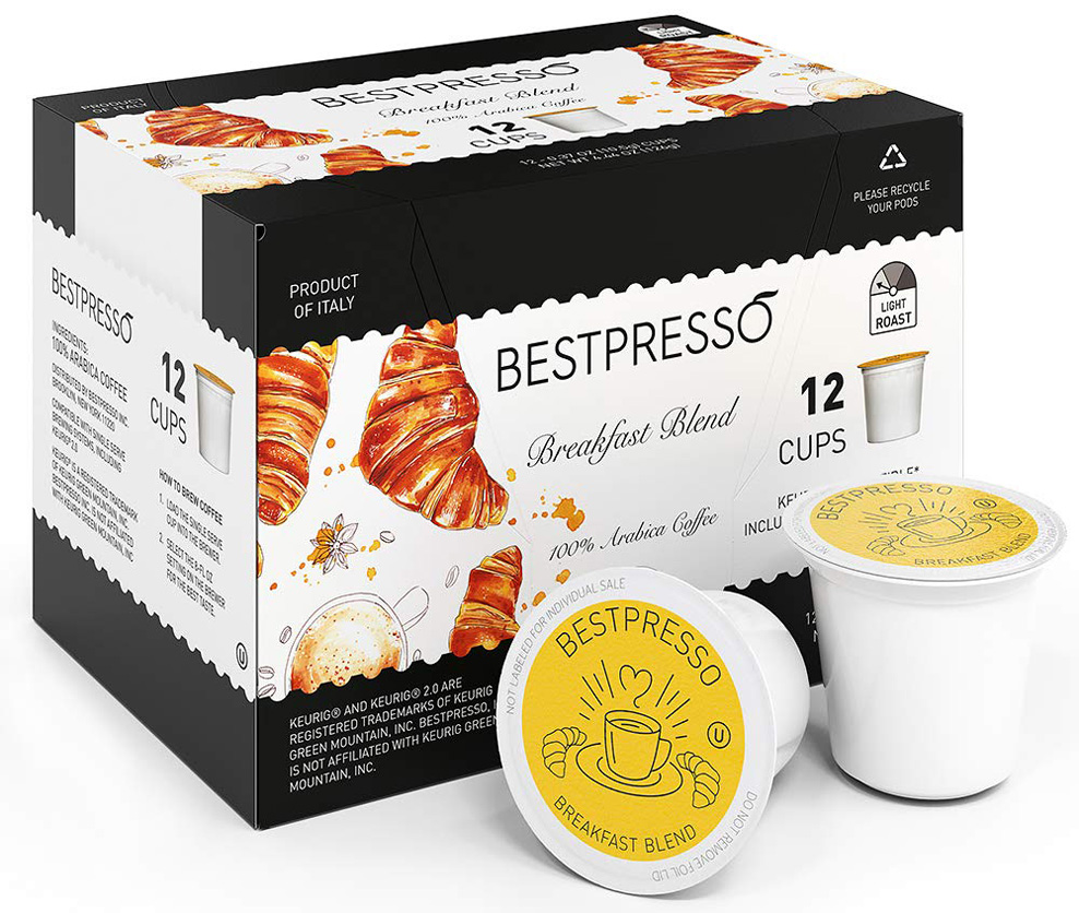 Bestpresso Coffee, Breakfast Blend Light Roast Single Serve K-Cup Pods, 96 Count (Compatible With 2.0 Keurig Brewers) 8 Packs Of 12 Cups