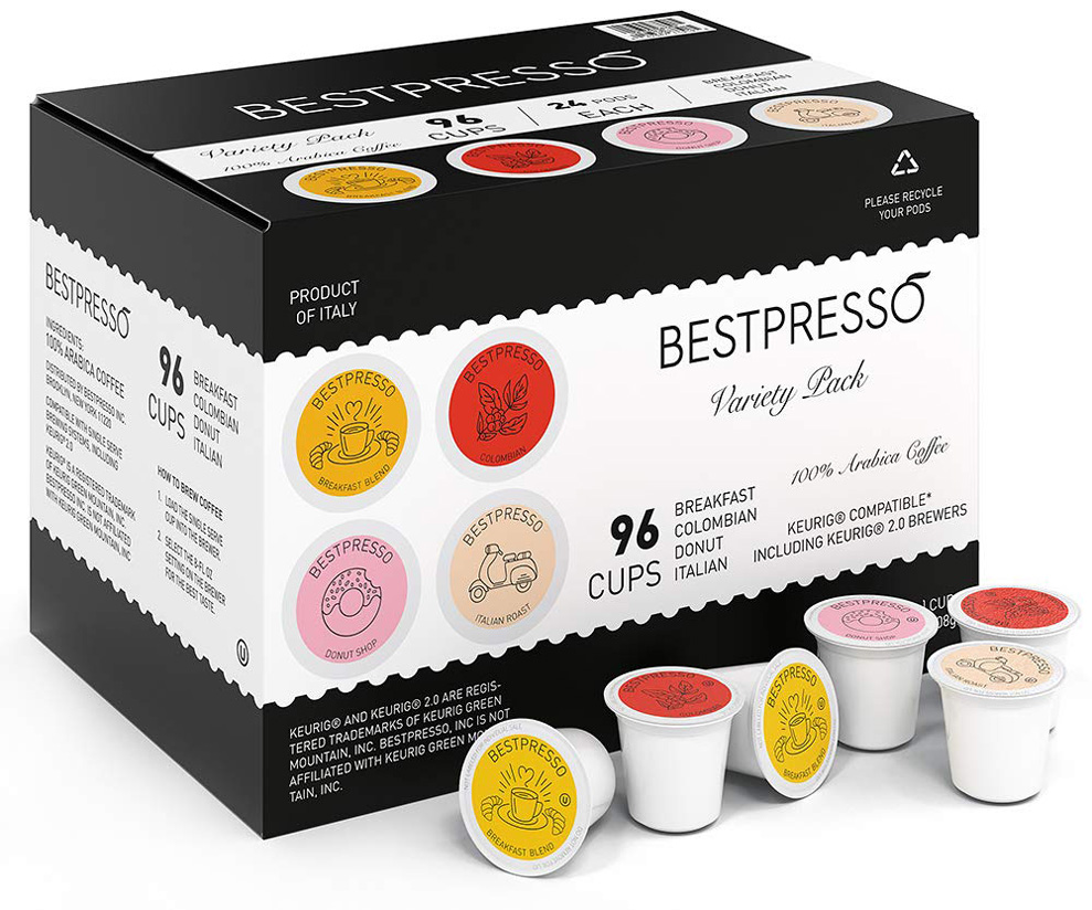 Bestpresso Coffee, Variety Pack Single Serve K-Cup Pods, 96 Count. Includes Breakfast, Colombain, Donut and Italian (Compatible With 2.0 Keurig Brewers)