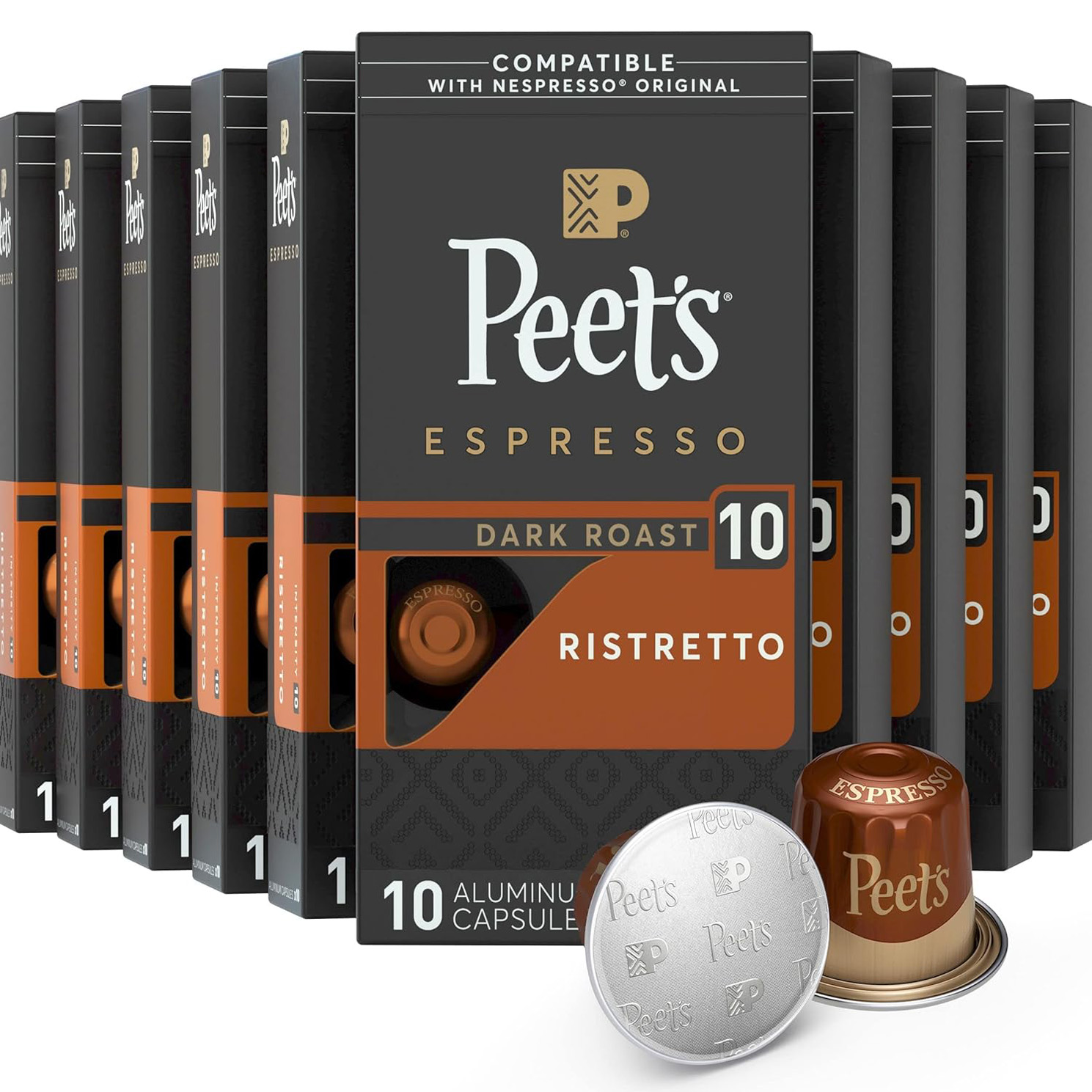 Peet’s Coffee, Dark Roast Espresso Pods Compatible, Ristretto Intensity 10