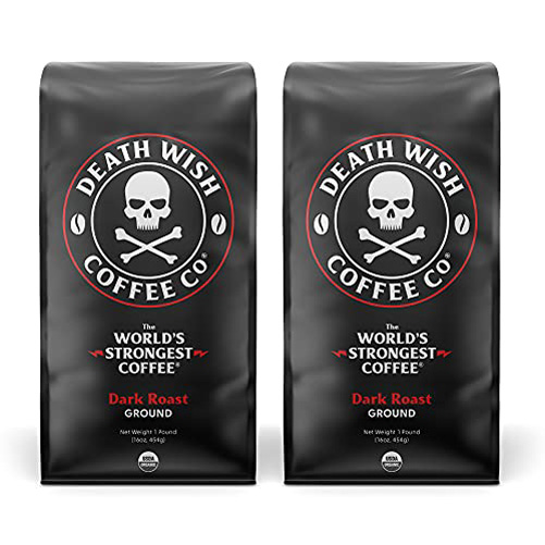 Death Wish Coffee Dark Roast Grounds -16 Oz, The World’s Strongest Coffee – 2 Packs of Bold & Intense Blend of Arabica & Robusta Beans