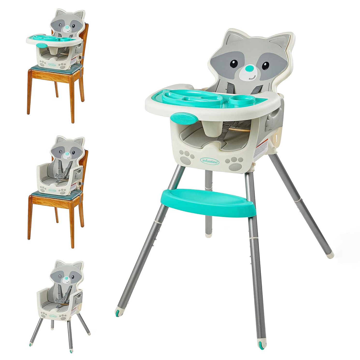 Infantino Grow-with-Me 4-in-1 Convertible High Chair, Raccoon-Theme, Space-Saving Design, Booster and Toddler Chair, for Infants & Toddlers 3M-36M