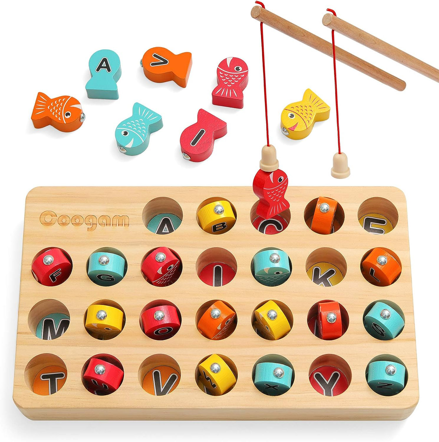 Coogam Wooden Magnetic Fishing Game, Fine Motor Skill Toy ABC Alphabet Color Sorting Puzzle