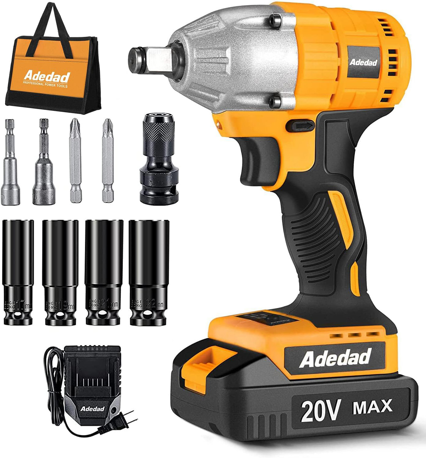 Adedad Cordless Impact Wrench 1/2 inch, 20V Brushless Impact Gun with Battery and Charger