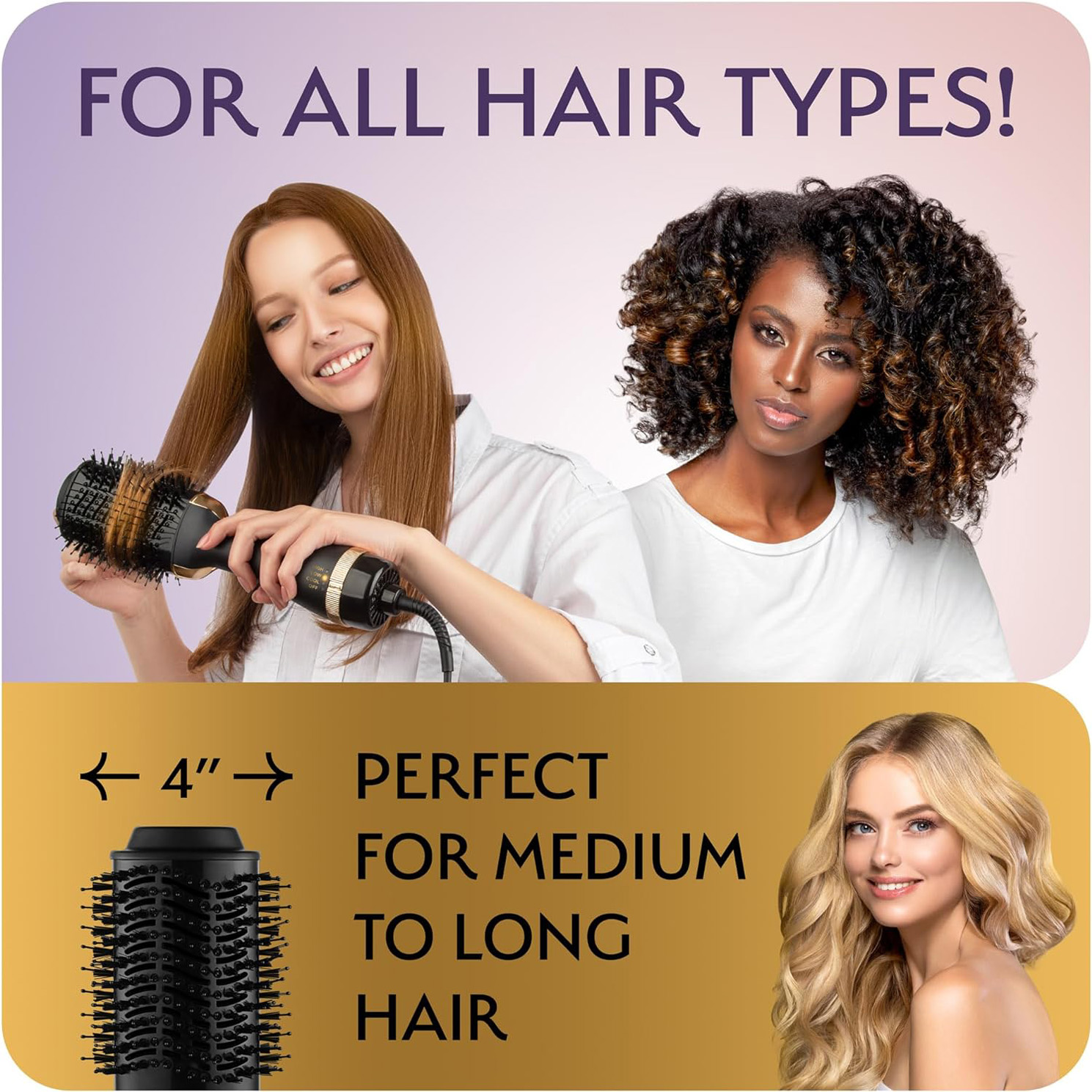 OMO TEAM Professional Blowout Hair Dryer Brush, Black Gold Dryer and Volumizer, Hot Air Brush for Women, 75MM Oval Shape