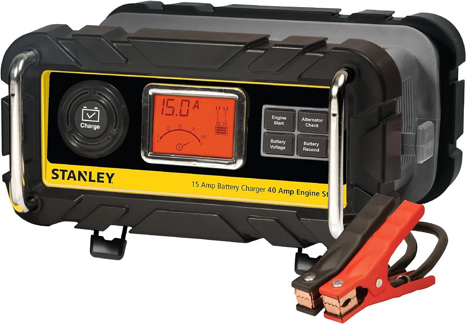 STANLEY BC15BS Fully Automatic 15 Amp 12V Bench Battery Charger/Maintainer with 40A Engine Start, Alternator Check, Cable Clamps